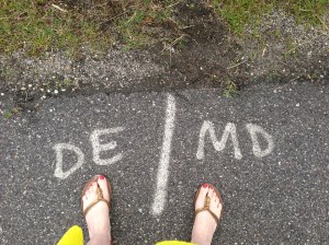 I would like to thank the people surveying the road I drove into Delaware for giving me this handy way to tell exactly when I crossed from Maryland into my 48th state, Delaware. Note: it was well before the actual sign welcoming you into Delaware.