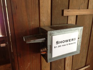 Problem Three: Pay Per Shower. Ah, the pay shower: bringing a truck stop ambiance to the wilderness in five minute, somewhat cold increments.