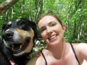 Somewhere before reaching the South River Falls that gave this hike its name, Choppy and I stopped for a self-portrait. As you can see from Choppy's wet fur, she had already reached South River.
