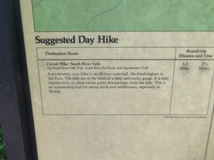 Our first hike of the day: the South River Falls Circuit. The sign indicates that this is a "moderately easy" hike. Note: the sign is lying, unless you are the sort of person who considers climbing a mountain "easy."