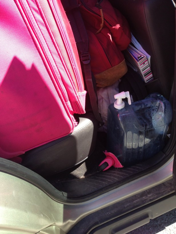 It is kind of hard to see this, but that pink suitcase is the suitcase I have carried almost the entire year. For months, one of its wheels has been on its last legs. It finally bit the dust only two days from home. Almost perfect timing there, suitcase.