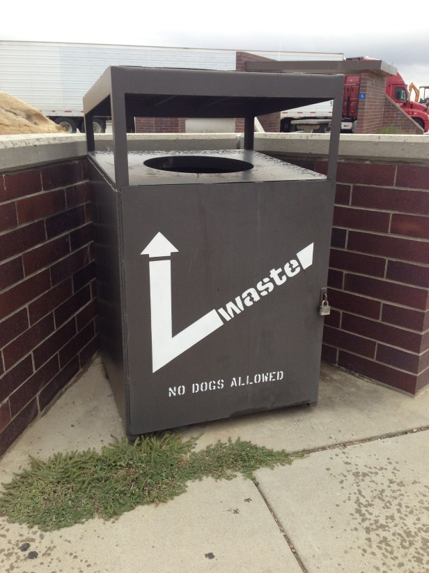 I did not understand this garbage can at all. I was pretty sure that you weren't supposed to be disposing of dogs in rest area garbage cans. I'm not sure why there needs to be a sign indicating this. 