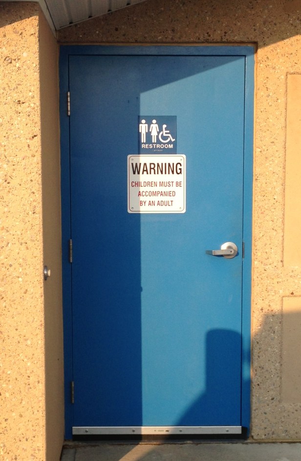 The sign on the door of this one-seat bathroom reads, "Children Must Be Accompanied By an Adult." This raises so many questions in my mind. Such as, even if I was 17, I would have to have an adult in the room to watch me pee? And by 'adult,' can I presume they mean a parent, or could it just be any creepy dude hanging out at this Albertan rest area?