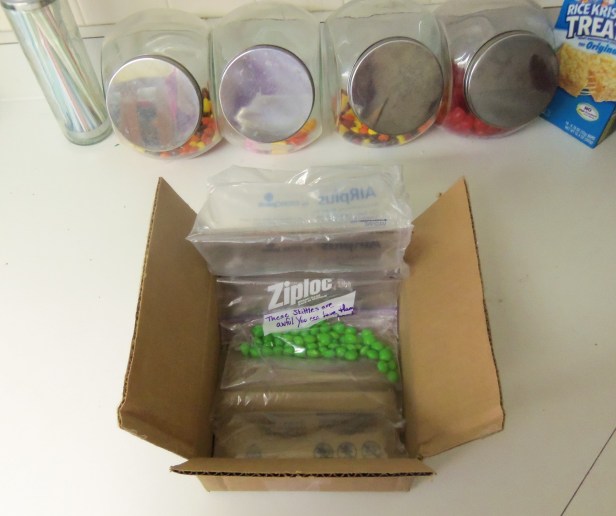 Here are the Skittles, about to be sealed up and sent to the Wrigley Company. As you can see, I made sure to pack them in a manner that would ensure they arrive undamaged at the Wrigley Company.