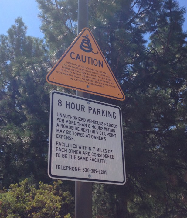I hadn't seen a scary rest area sign for a while. A creepy sign? Yes. Scary? Not for a while. As some of you may remember, I have already seen this sign. However, that was in New Mexico; this particular sign was somewhere in the Sierra Nevadas. It's still scary.