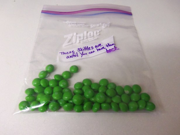 As I lamented the demise of Skittles as a taste of a rainbow, I had a brilliant idea: I should send the offending green Skittles back to the Wrigley Company in a show of defiance against their corporate decision to change a tried and true formula for satisfying my urge to snack on a tasty fruit-flavored treat.