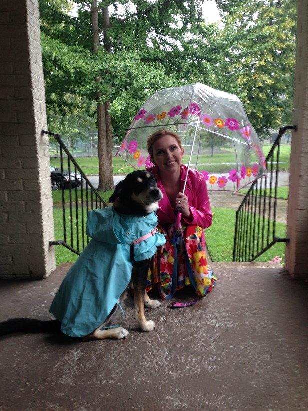 An added bonus of marriage? I have someone to take pictures of Choppy & me! Here we are ready to go for a walk in the rain (photo by Paul). Also? It started pouring after we took this picture. Choppy refused to go for her walk. So we got all dressed up for nothing.