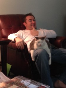 So, the first couple pictures are actually of Paul and cats. We visited his family last weekend, and he was back in his natural, cat-person element. Obviously, I took this because who can pass up a chance at a Monorail Cat picture? 