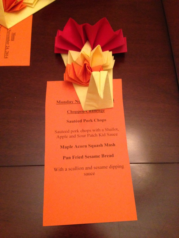 Our menu for the evening - complete with an awesome turkey napkin created by Paul.