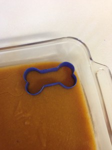 I attempted to make the treats into cute bone shapes. This attempt failed miserably, so I resorted to cutting out squares.