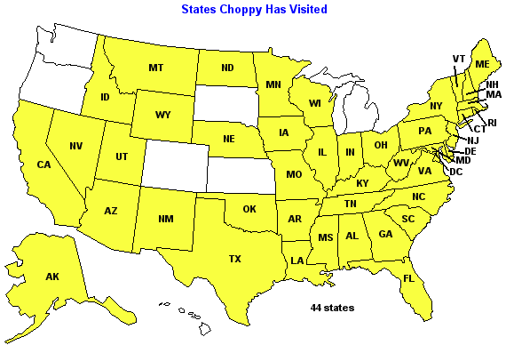 Apparently, this map thinks the District of Columbia is a state, as Choppy has only been to 43. For those in Canada, the provinces she has visited in Canada are Manitoba, Saskatchewan, Alberta and British Columbia. The Yukon is the one territory she has visited.