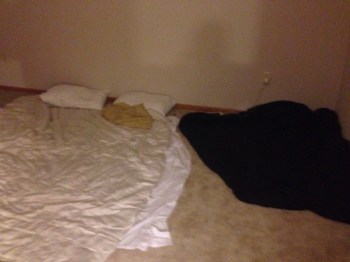 Not necessary? A bed. Yes, that's the floor we're sleeping on (though I did remember the pillow I have slept on since I was a kid). Note Choppy's black blanket right next to ours. That's right, we're all sleeping on the floor together. It's like a slumber party, except instead of gossiping all night, we fall asleep at a reasonable hour and then complain about our backs hurting the next day. So not at all like a slumber party.