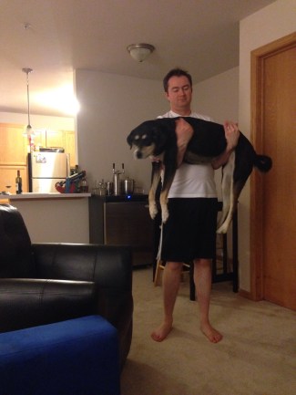 This is Paul carrying Choppy. I'm not sure she knew what was going on, or whether she was really enjoying the situation.