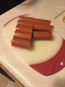 Here are the hot dogs, cut up and ready to go. The ends went in Choppy's stomach. In retrospect, I would cut these much smaller - maybe four pieces per hot dog (I did two pieces per hot dog).