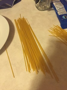 The spaghetti, ready to go! (Choppy ate none of this).